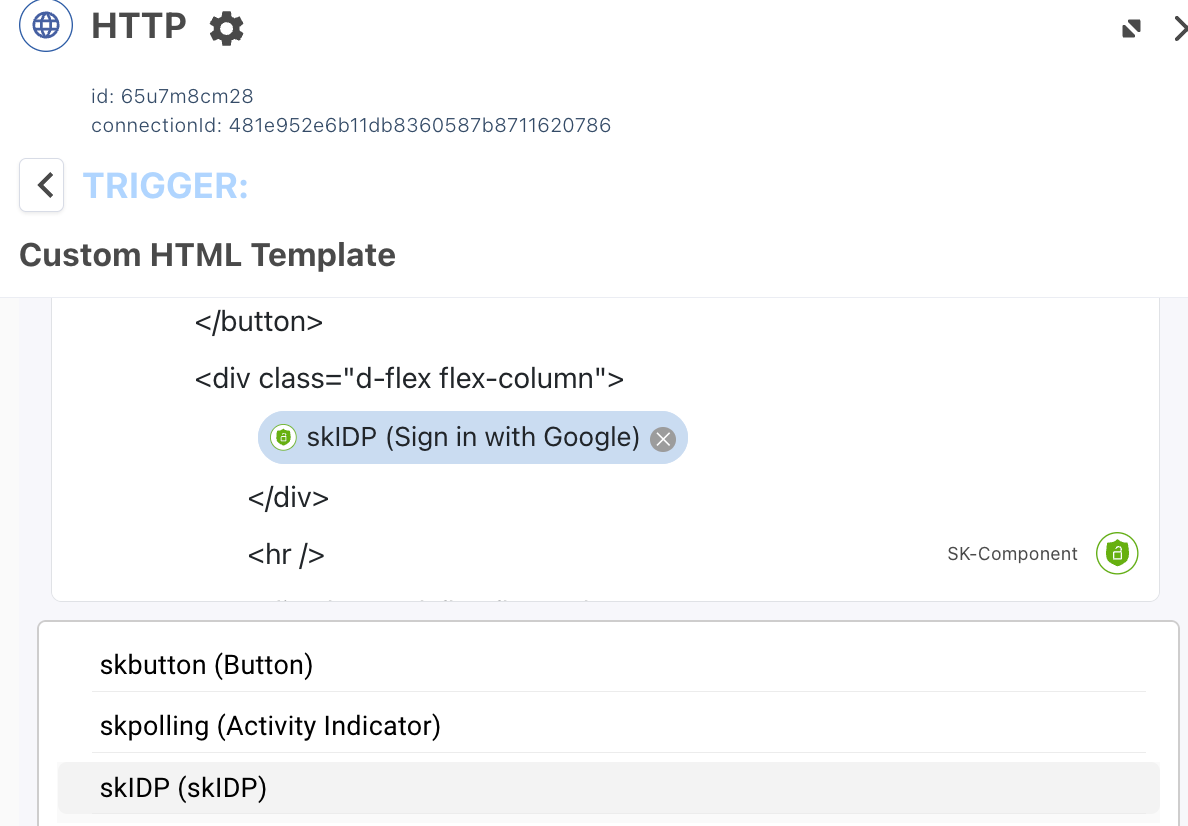 A screenshot of the skIDP component included in a Custom HTML Template node.